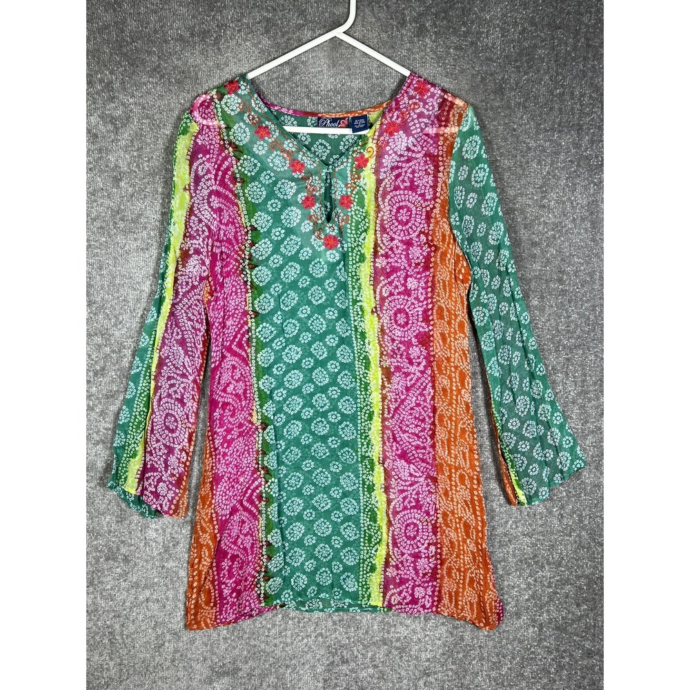 Phool India Bright Sheer Tunic Top Womens Size Small  Rayon Boho Embroidered